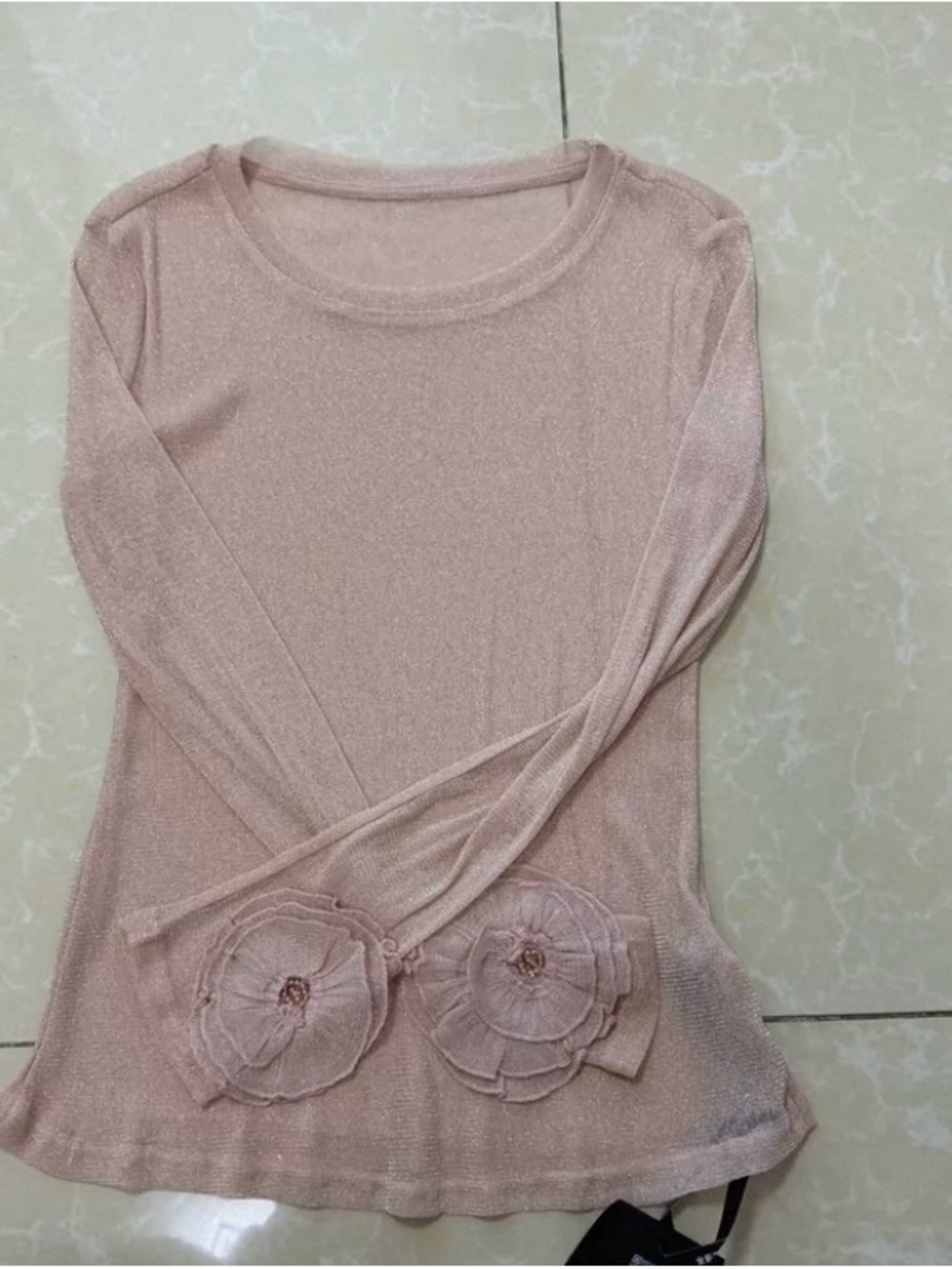 Women's Blush Pink Long Sleeve Floral-Applique Knit Top